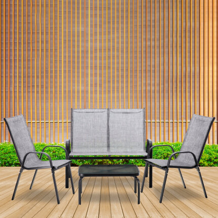 GardenLine Fémvázas kerti bútor szett – Dohányzóasztal + Pad + 2 db szék – Szürke