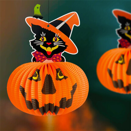 Halloween-i tökös lampion - macskával - akasztható - 26 cm