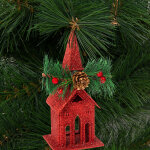 Karácsonyi glitteres templom akasztóval - 16 x 6,5 cm - piros